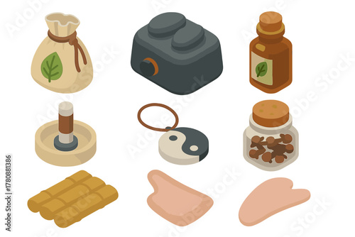 Traditional Medicine Elements. Isometric vector illustration set of Traditional medicine: sacred herb sachet, hot stone heater,