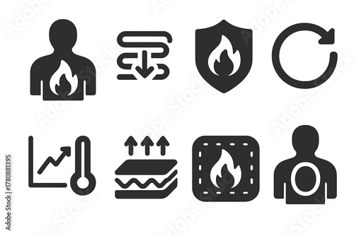 Thermal Regulation Icons. Solid style icons of thermal regulation systems: body heat glyph, cooling tube icon, heat badge.