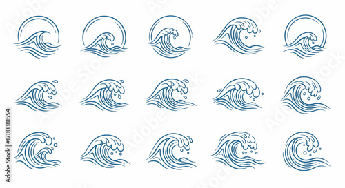 A diverse set of blue ocean wave icons, featuring classic Japanese surf style, vector illustration set
