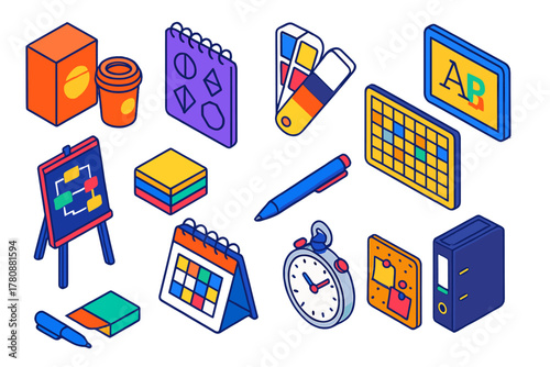 Creative Branding Tools. Isometric vector illustration set branding and planning: branded packaging design, logo sketches, CMYK