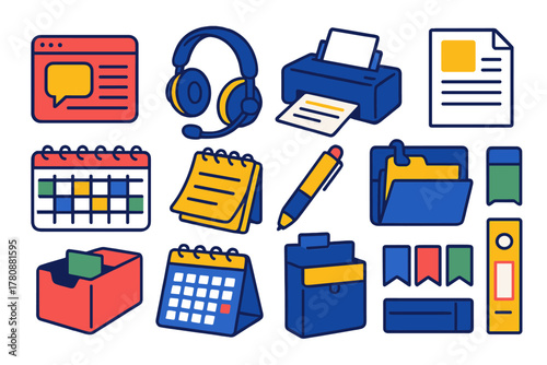 Bold Office Essentials. Isometric vector illustration set communication and organization: blog icon, chat headset, printer,