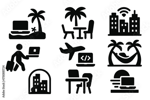 Remote Work Icons. Solid style icons of working abroad lifestyle: beach with laptop icon, remote desk under palm, cityscape with