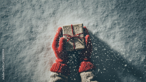Hands in red gloves holding a Christmas present