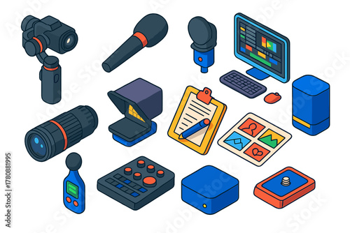 Media Creation Tools. Isometric vector illustration set Media Creation and Publishing: gimbal camera, broadcast mic, light kit,