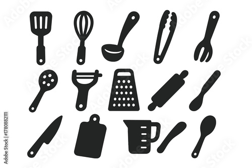 Cooking Utensil Icons. Solid style icons of Cooking utensils: spatula, whisk, ladle, tongs, slotted spoon, peeler, grater, rolling