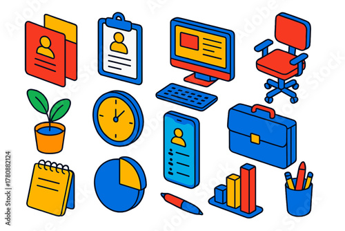 Business Essentials Icons. Isometric vector illustration set business and HR essentials: onboarding packet, employment contract,