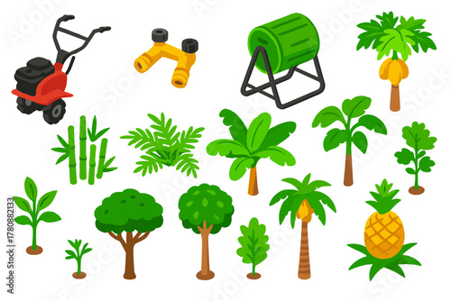 Garden Tool Icons. Isometric vector illustration set featuring tools and plants: tiller machine, hose splitter, compost tumbler,