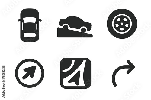 Vehicle Icon Graphic. Solid style icons of vehicle position graphics: top-down car glyph, slope overlay icon, wheel badge. Road