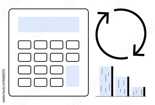 Calculator with numeric keypad, vertical bar graph, and circular refresh arrows. Ideal for accounting, finance, statistics, business, analysis data management and productivity. Clean and simple