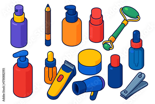 Colorful Grooming Essentials Icons. Isometric vector illustration set Makeup, Skincare, and Grooming: setting spray bottle, brow