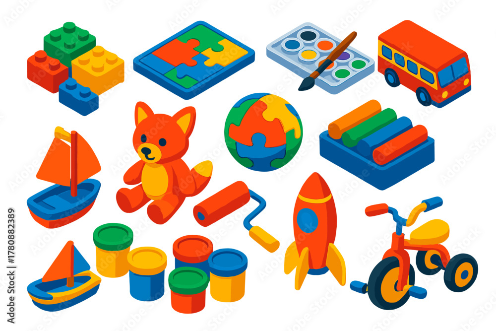 Fototapeta premium Creative Kids Playtime. Isometric vector illustration set Creative Kids and Play: building blocks, puzzle board, paint set, toy