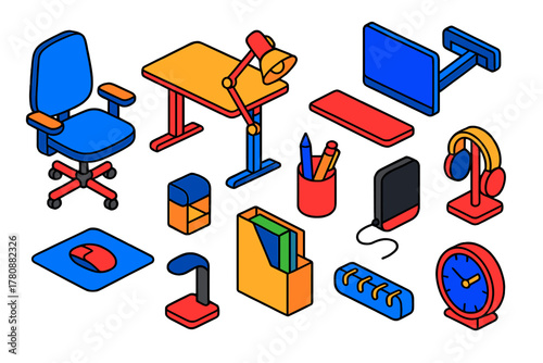 Isometric Office Setup. Isometric vector illustration set design and editing tools: editing chair, height adjustable desk, desk