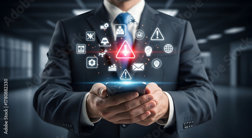 Wallpaper Mural Businessman monitoring digital security threats on smartphone with interconnected warning icons Torontodigital.ca