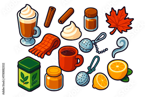 Autumn Beverage Icons. Isometric vector illustration set autumn drinks and tea: pumpkin spice latte, whipped cream swirl, cinnamon