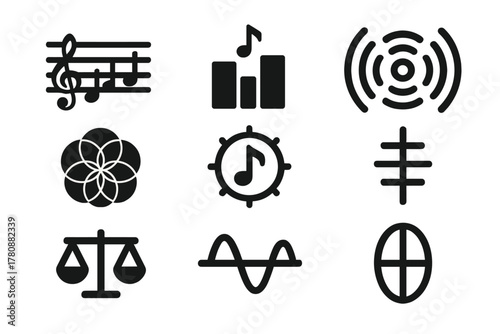 Harmonic Architecture Icons. Solid style icons of tonal alignments in structures: pitch-based layouts, harmonic building icons,