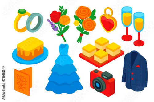 Vibrant Wedding Icons. Isometric vector illustration set rings, flowers, heart, toast, cake, card, dress, camera: bezel set ring,