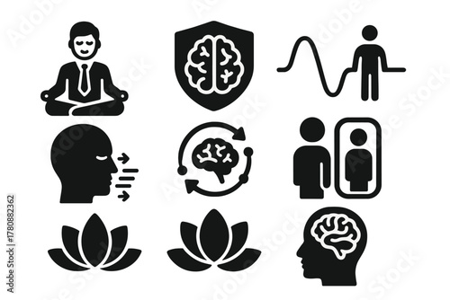 Mindful Neuroleadership Icons. Solid style icons of mindfulness in neuroleadership: meditating leader icon, mindful brain badge,