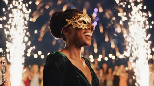 Festive celebration with masquerade mask fireworks