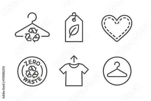 Sustainable Fashion Icons. Line style icons of sustainable fashion symbols: recycle hanger, leaf on clothing tag, heart stitched