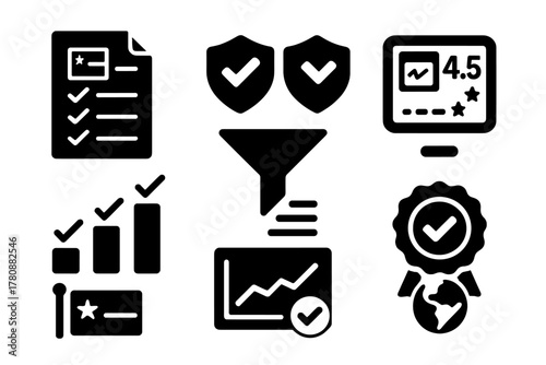 Nomad Visa Icons. Solid style icons of nomad visa comparison tools: checklist of countries icon, side-by-side badge, digital
