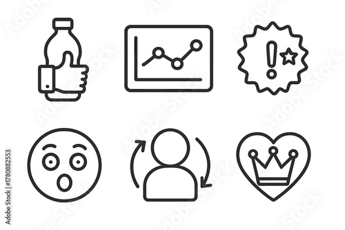 Customer Feedback Icons. Line style icons of customer feedback: thumbs-up bottle, taste review chart, “surprisingly good” badge,