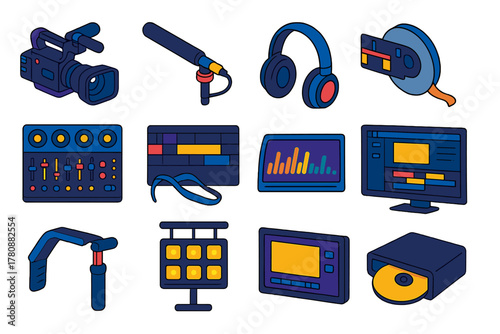 Audio-Visual Editing Tools. Isometric vector illustration set Video and Audio Editing Tools: cinema rig, condenser boom mic,