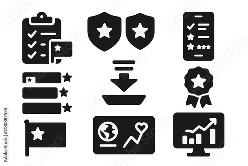 Nomad Visa Icons. Solid style icons of nomad visa comparison tools: checklist of countries icon, side-by-side badge, digital