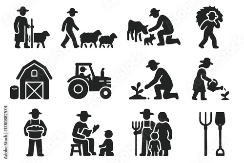 Farm Life Icons. Solid style icons of Farm lifestyle: shepherd, walking flock, feeding animals, carrying hay, working barn, riding