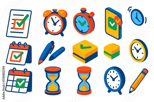 Productivity Tools Icons. Isometric vector illustration set productivity with checkmark and alarm: checked paper sheet, desk alarm