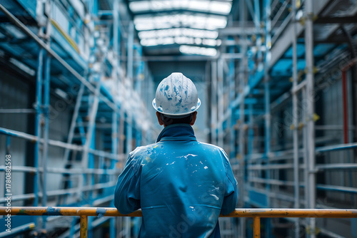 工場内で塗装作業に従事する作業員の後ろ姿　静かな現場風景