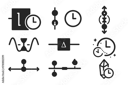 Quantum Computing Icons. Solid style icons of quantum temporal computing: quantum gate with clock, time-dependent qubit icon,
