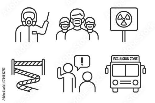 Guided Disaster Tour Icons. Line style icons of guided disaster tours: hazmat-suited tour guide, group with face masks, restricted