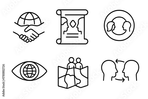 Cross-Cultural Icons. Line style icons of cross-cultural understanding: world handshake icon, culture respect scroll, shared story