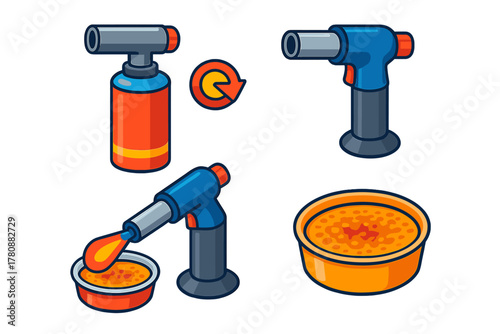 Baking Torch Tools. Isometric vector illustration set Baking tools – kitchen torch, butane canister, flame adjust knob; torch head