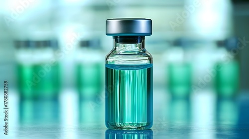 Vaccine vial in a glass bottle on a blue background