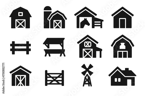 Farm Building Icons. Solid style icons of Barn and farm buildings: barn, silo, stable, tool shed, fence, feeding station, hayloft,