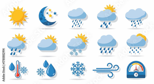 A comprehensive collection of colorful weather forecast icons including sun, clouds, rain, and snow vector illustration