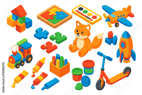 Creative Kids Toys. Isometric vector illustration set Creative Kids and Play: building blocks, wooden puzzle, paint set, toy