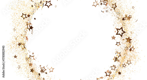 Festive golden star confetti border on a white background, perfect for celebrations and party themes, with a dreamy and luxurious aesthetic.
