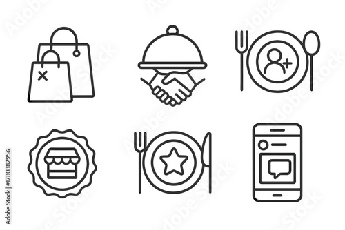 Collaborative Event Icons. Line style icons of collaborations and takeovers: co-branded launch icon, kitchen takeover event,