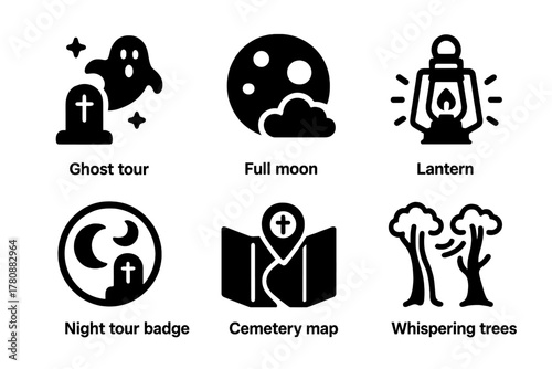 Cemetery Night Tour Icons. Line style icons of Cemetery Tourism: ghost tour icon, full moon, lantern light, night tour badge,