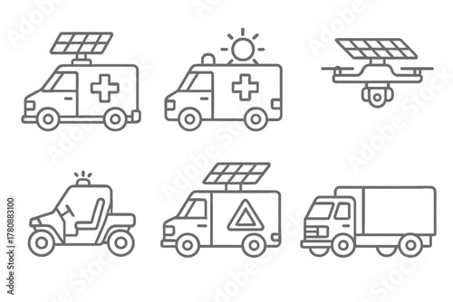 Solar-Powered Emergency Icons. Line style icons of solar-powered emergency vehicles: rescue van with panel, ambulance with sun