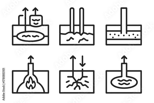 Geothermal Resource Icons. Line style icons of geothermal resource types: hydrothermal system, hot dry rock, geopressured
