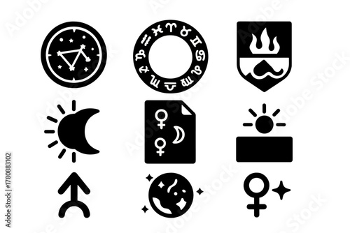 Astrology Symbol Icons. Solid style icons of astrology and zodiac symbols: star chart glyph, zodiac ring icon, element badge.
