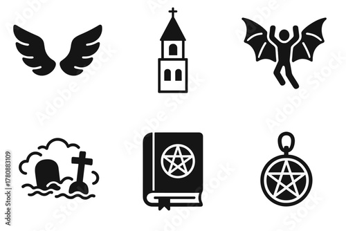 Cryptid Icon Collection. Line style icons of Cryptid Research: Owlman wings, church tower, flying humanoid, graveyard fog, ancient