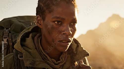 Survival trek: determined woman on challenging journey