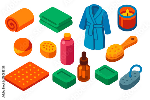 Bath Essentials Icons. Isometric vector illustration set featuring towel, candle, and bath supplies: rolled bath towel, folded