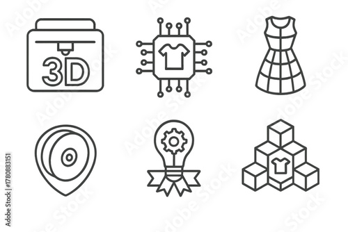 3D Fashion Icons. Line style icons of 3D fashion brands and logos: stylized printer logo, fashion-tech fusion symbol, meshwear