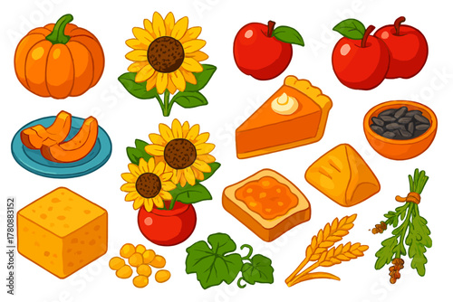 Harvest Feast Icons. Isometric vector illustration set pumpkin, sunflower, apples, and more: roasted pumpkin wedges, pumpkin pie
