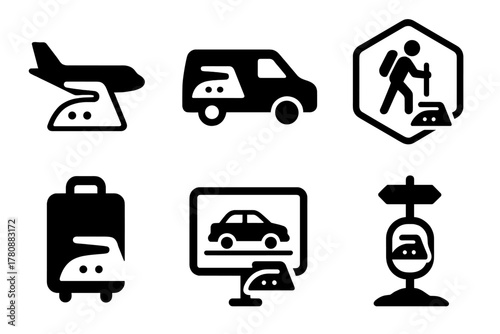 Travel Icons for Ironing. Solid style icons of transport and travel for ironing: plane with ironing gear, van press kit icon,
